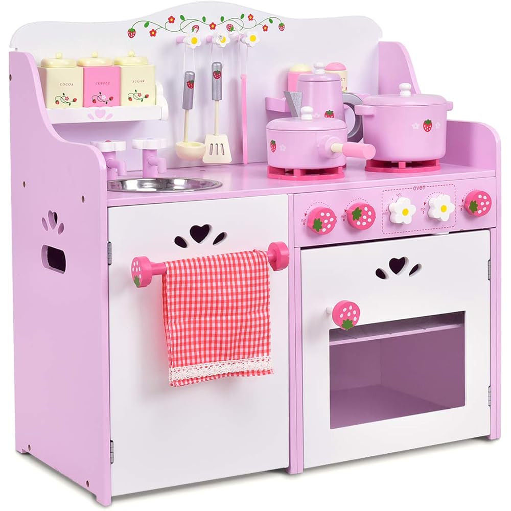 Costzon Kids’ Wooden Pretend Play Kitchen Playset – Pink Strawberry, 13-Piece