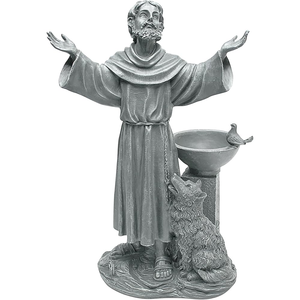 Francis Of Assisi Blessing Garden Statue With Bird Feeder – 19-Inch Gray Stone Finish