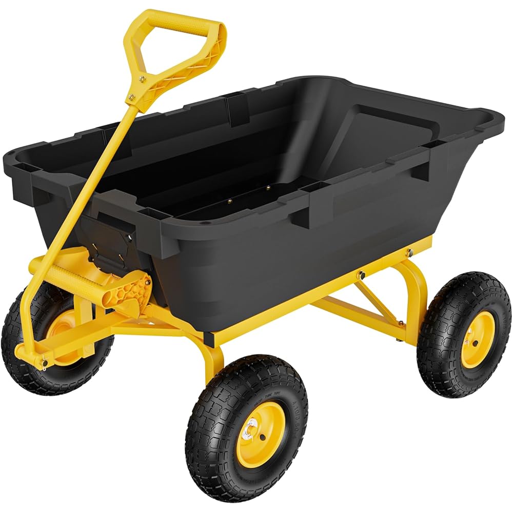 VINGLI Heavy Duty Dump Cart Wagon, 770 lbs, 10in Pneumatic Tires – Black And Yellow