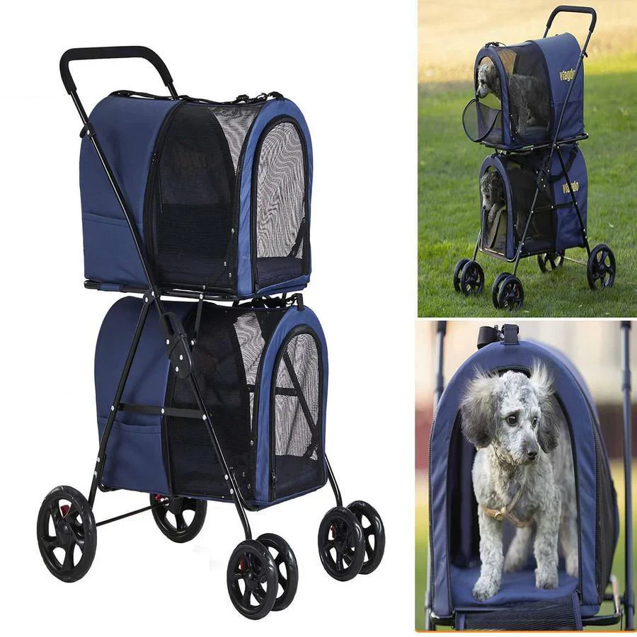 Double Pet Stroller For 2 Dogs & Cats, 42 inch, Navy Blue