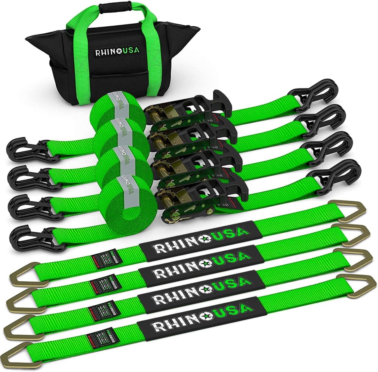 Rhino USA Car Tie-Down Straps With J Hooks, 4-Pack, 2 Inch x 8 Feet, Black – HDKIT-P 2IN-HDKIT