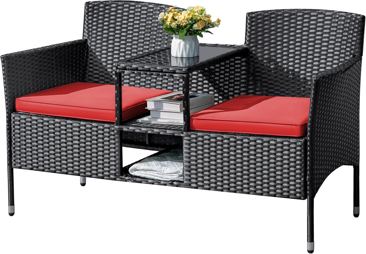 Flamaker Outdoor Wicker Patio Loveseat With Built-In Table And Cushions, Beige – 49.2 x 21.3 x 30.9 in
