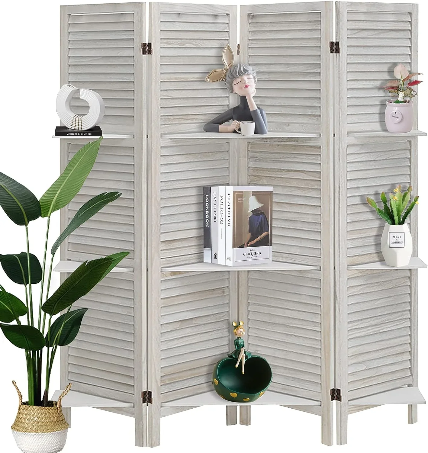 ECOMEX 4 Panel White Wood Room Divider With Shelves – 63 x 67 inch