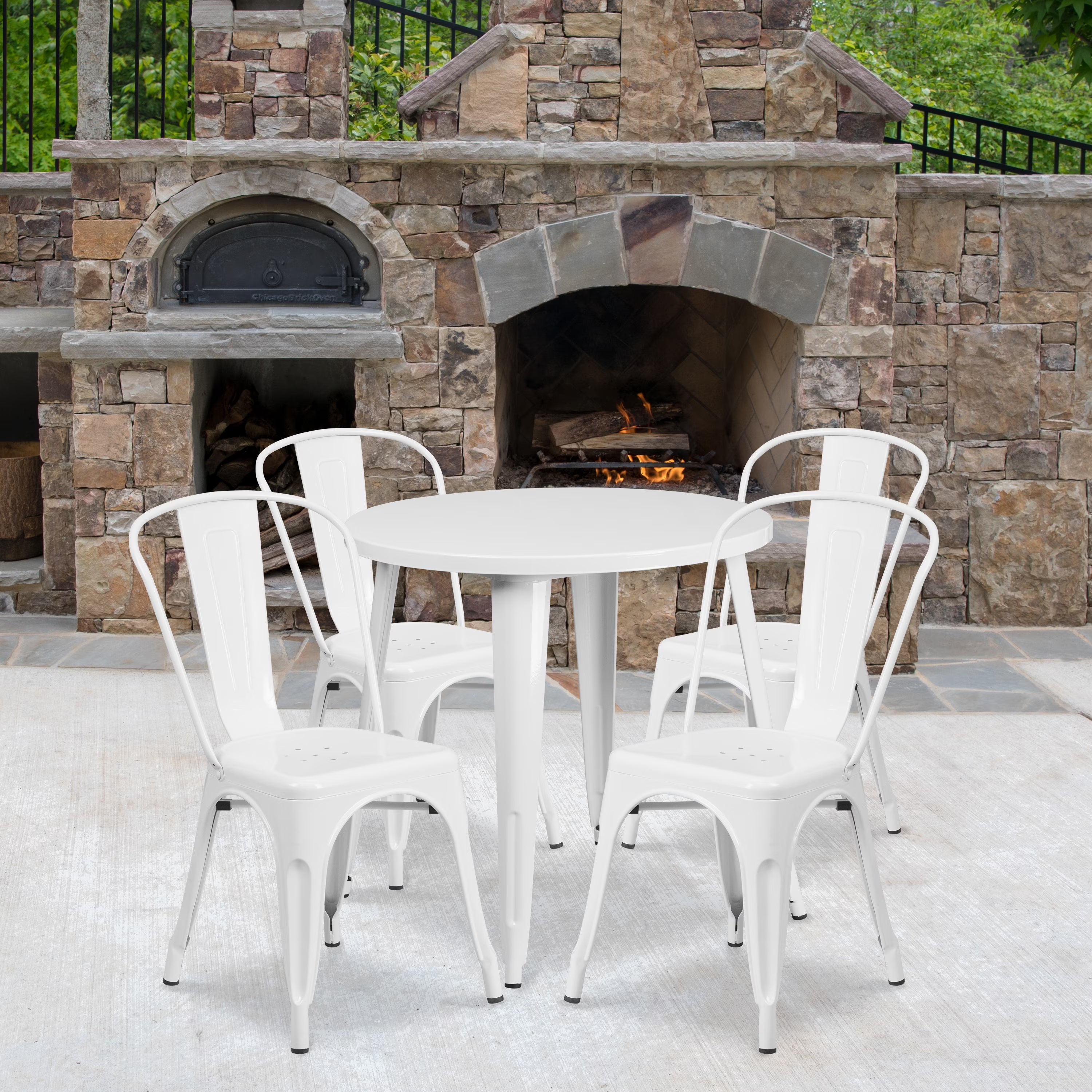 Emma + Oliver 30 in Round White Metal Indoor-Outdoor Table Set With 4 Cafe Chairs