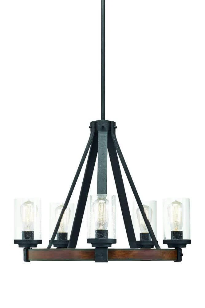 5-Light Distressed Black And Wood Tone Clear Seeded Glass Candle Chandelier – 24-in W x 24-in D x 19-in H