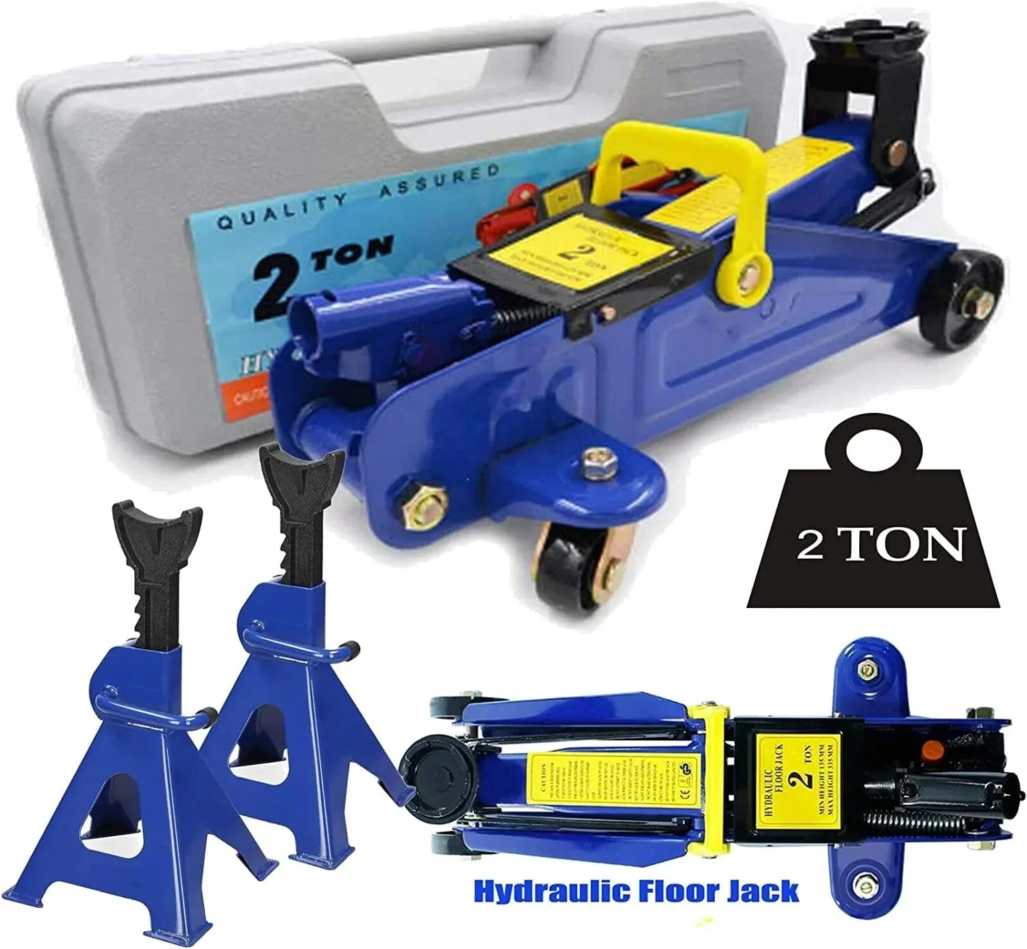 2T Hydraulic Floor Jack With 2pcs 3 Ton Axle Stands – Blue