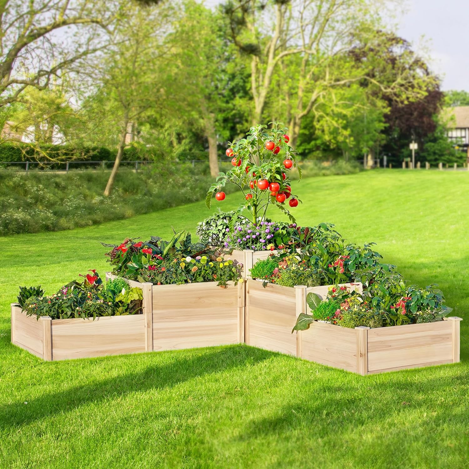 3-Tier Wood Raised Garden Bed, 28 Inch Depth – Cedar Posts