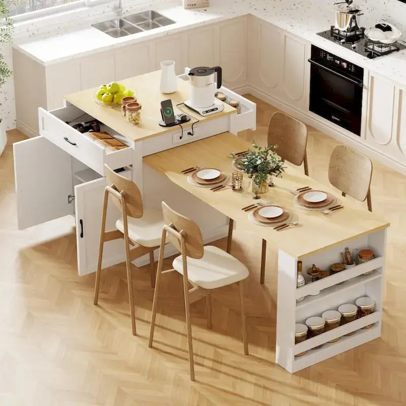 Expandable Wooden Kitchen Island With Drop-Leaf Table And Dual Storage – 82.7 in, 4-6 Person