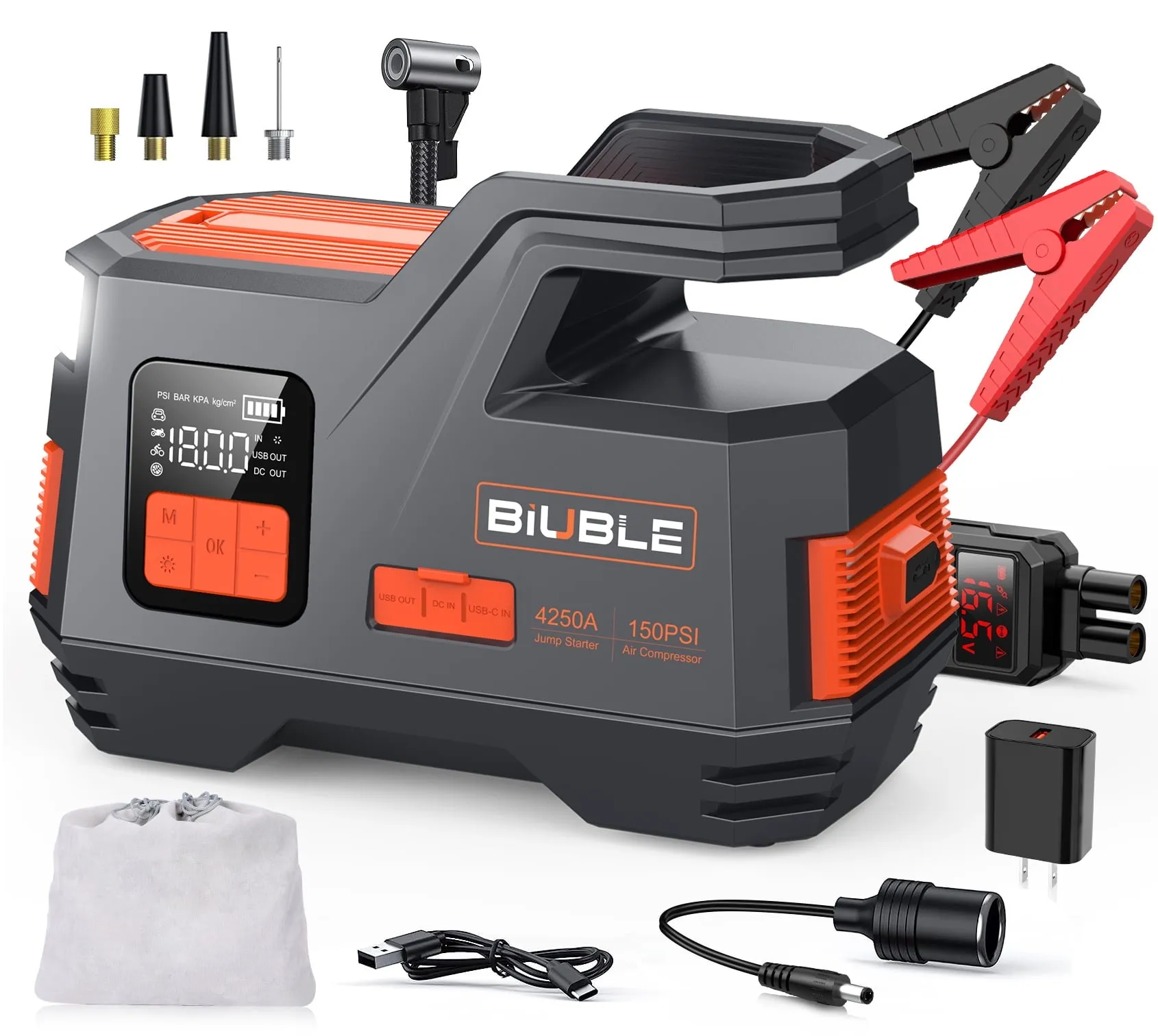Biuble Car Jump Starter With Air Compressor, 4500A Peak, 26800mAh, 12V, 150PSI – JS006