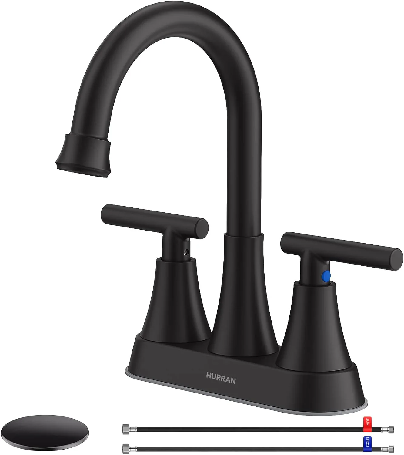 Hurran 4 Inch Matte Black 3-Hole Bathroom Sink Faucet With Pop-Up Drain