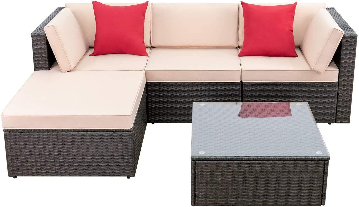 Devoko 5-Piece Outdoor Sectional Patio Sofa Set With Cushions And Glass Table – Beige