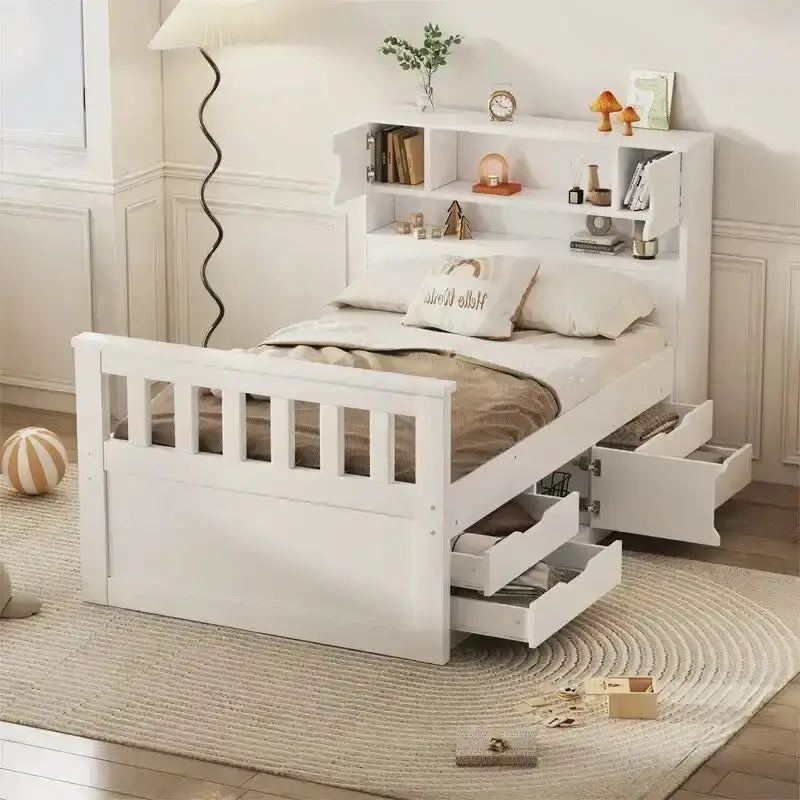 Twin/Full Captain Bed With 4 Drawers And Bookcase Headboard – Solid Wood Platform Frame
