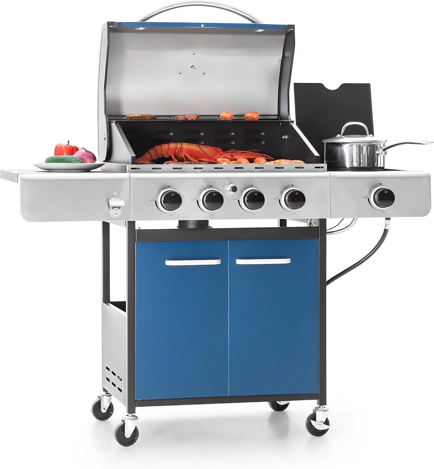 Captiva Designs 4-Burner Propane Gas Grill With Side Burner, 42,000 BTU, Silver – GR001