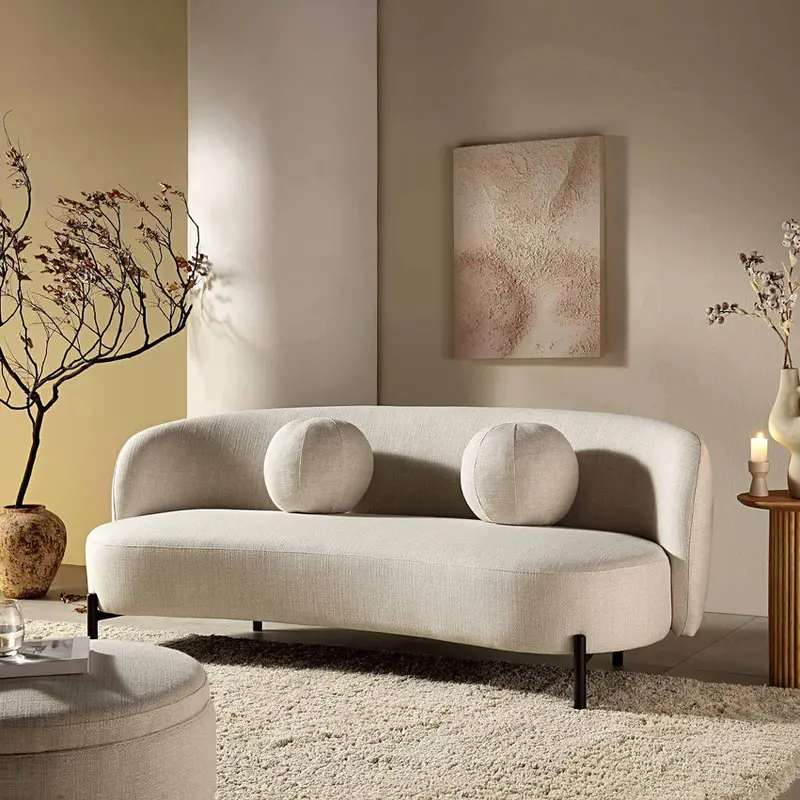 Beige Linen-Blend Curved 3-Seater Sofa With Ball Cushions, W 81.9 x D 37 x H 30.7 in – A120