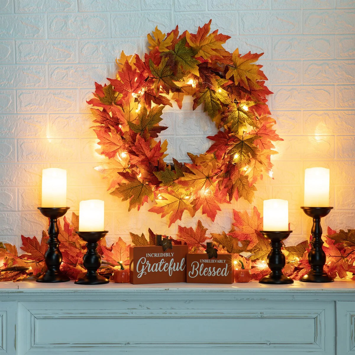 Thanksgiving LED Lighted Fall Maple Leaf Wreath And Garland, 24 in Wreath / 72 in Garland – 20 Clear Lights