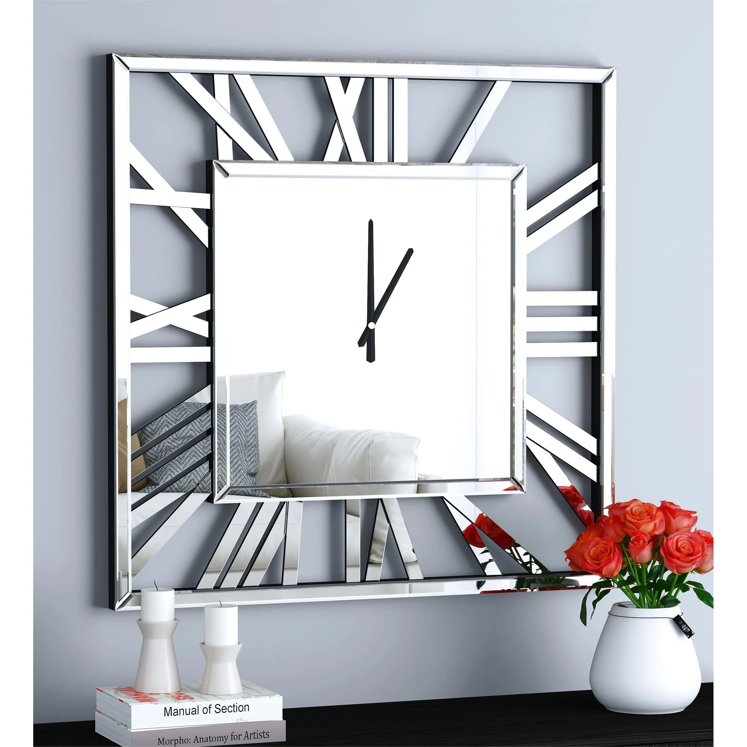 Large Modern Mirrored Wall Clock With Roman Numerals – 32 Inch