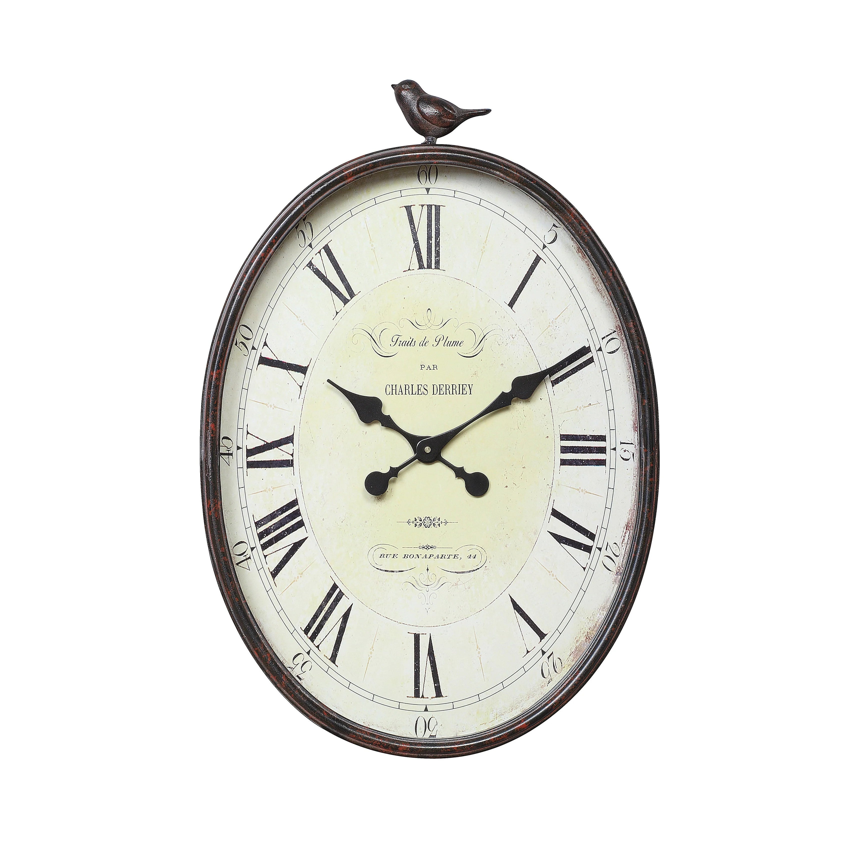 Metal Oval Wall Clock With Bird Design, 17 in L x 3 in W x 25.25 in H – Vintage