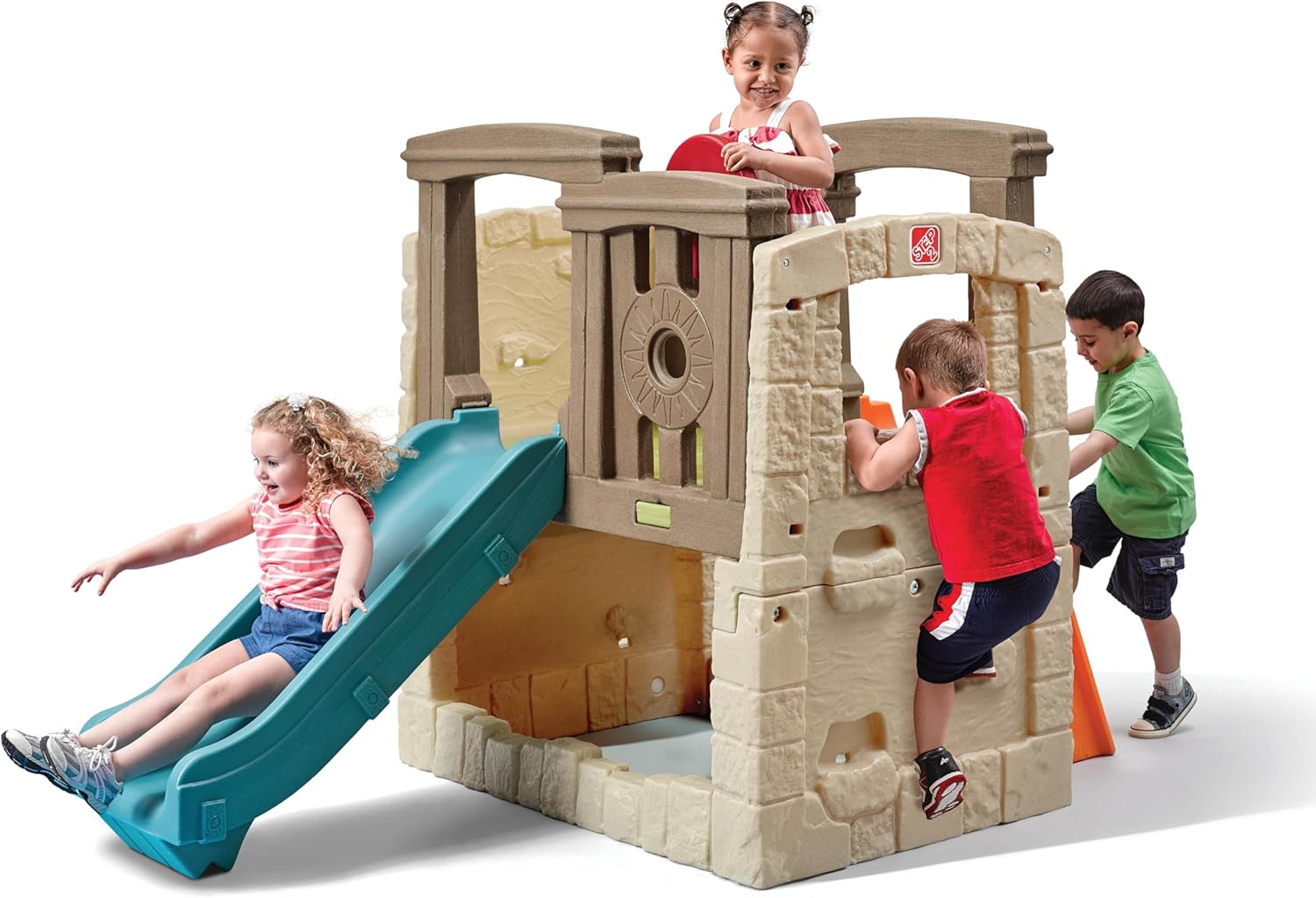Kids Outdoor Playset With Slide, Climbing Wall, Ladder And 2 Steering Wheels – 75 in L x 47 in W x 53.75 in H