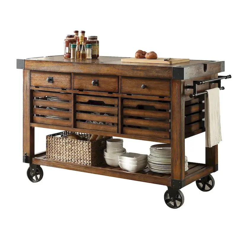 Kitchen Cart Rolling Island With 3 Storage Drawers – Distressed Chestnut