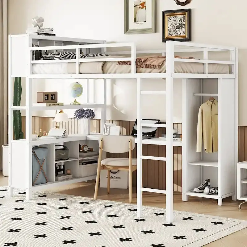 Industrial-Style Full-Size Metal Loft Bed With Desk, Wardrobe And Storage Shelves – Off-White