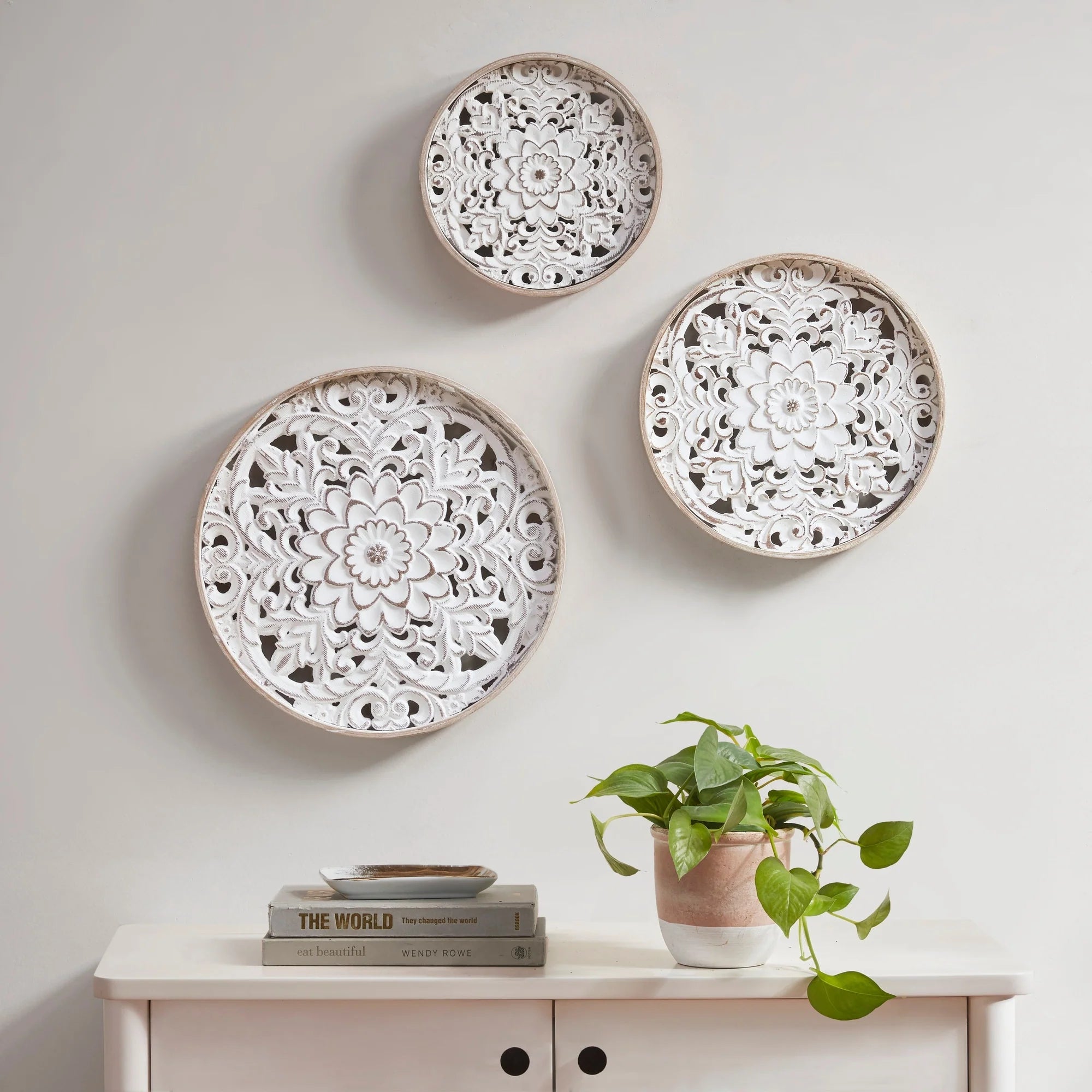 3-Piece Distressed White Floral Carved Fir Wood Wall Decor Set – Vintage Medallion