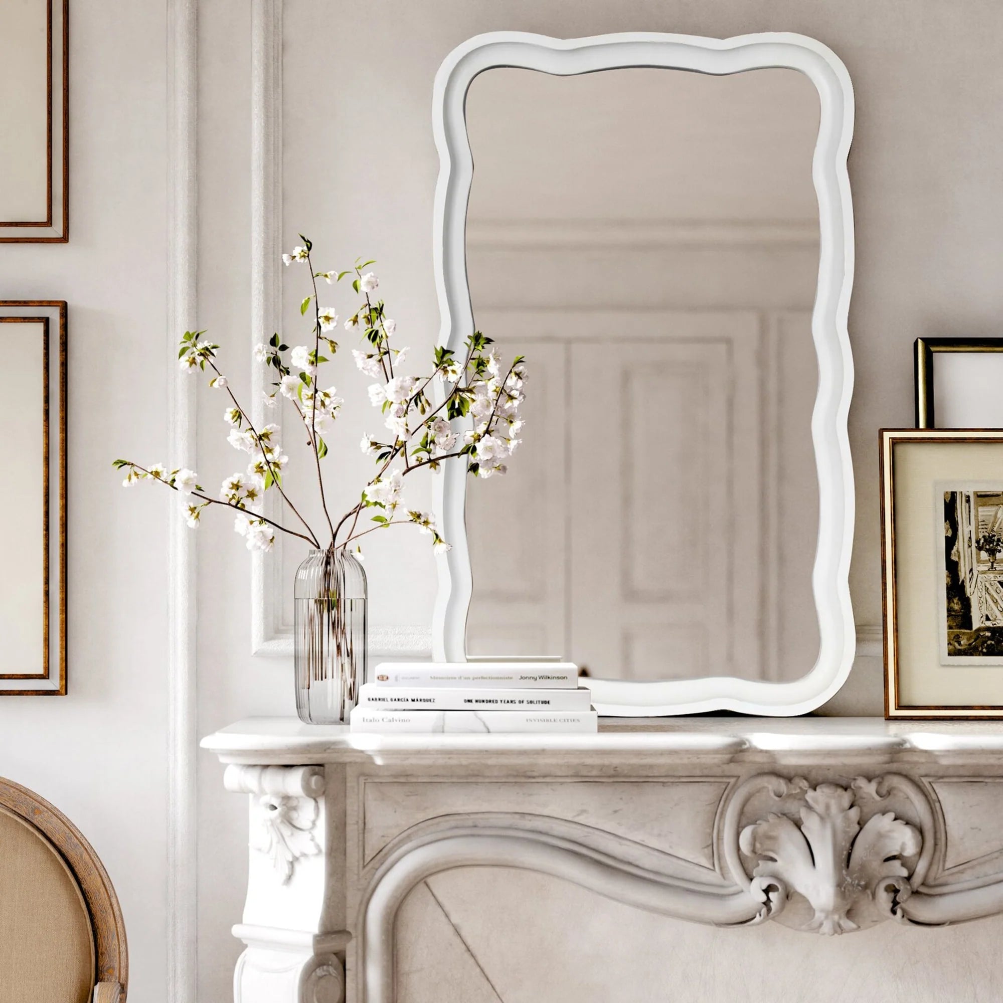 Curved Scallop Wood Frame Accent Mirror, 23.5 in L x 38 in W x 1 in H – Antique-Brown Or White