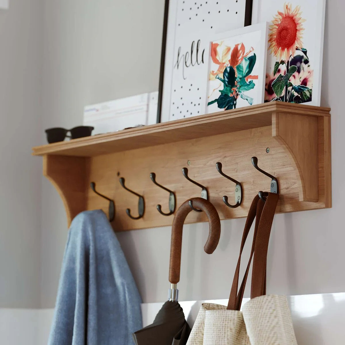 Wood Wall-Mounted Key Holder With Shelf, Mail Organizer And Large Coat Hooks