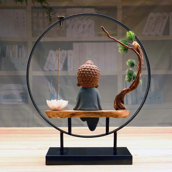 Sitting Buddha Backflow Incense Burner With Tree And Lotus Stick Holder – 7.9in x 3.7in x 13.8in