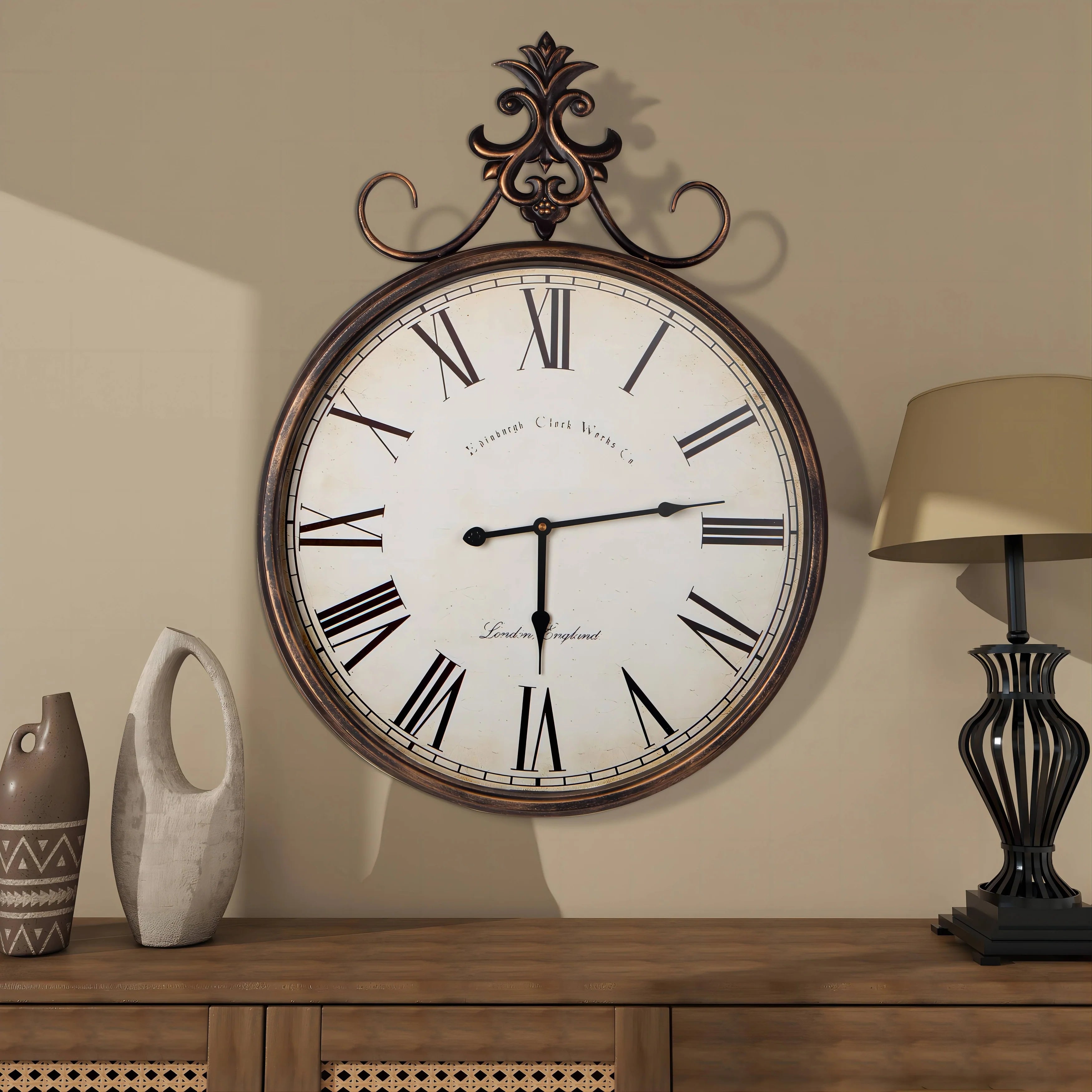 Large Antique Wall Clock, 21 Inch, Bronze-Gold Or Bronze, 27.5 x 20 in / 31.49 x 23.62 in
