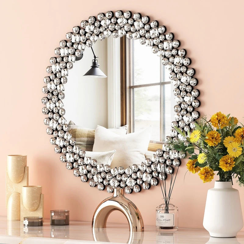 Round Crystal Accent Decorative Wall Mirror – 18/24/34 in