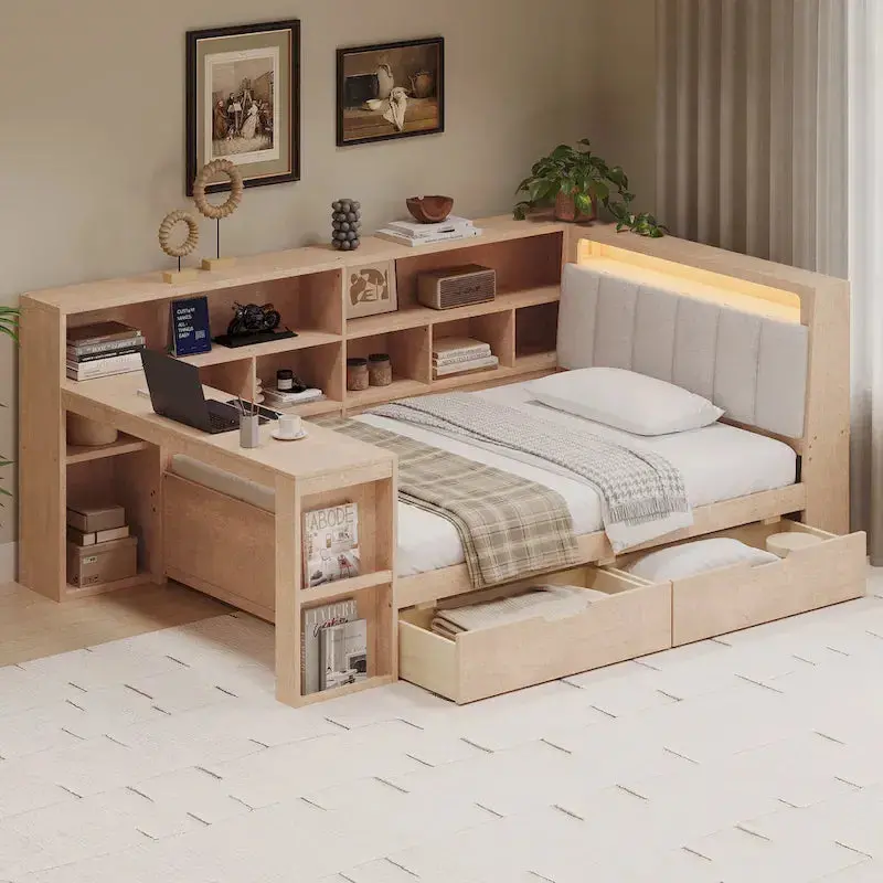 Ivery Furniture L-Shaped Upholstered Daybed With Desk, Bookcase, LED Headboard And Storage