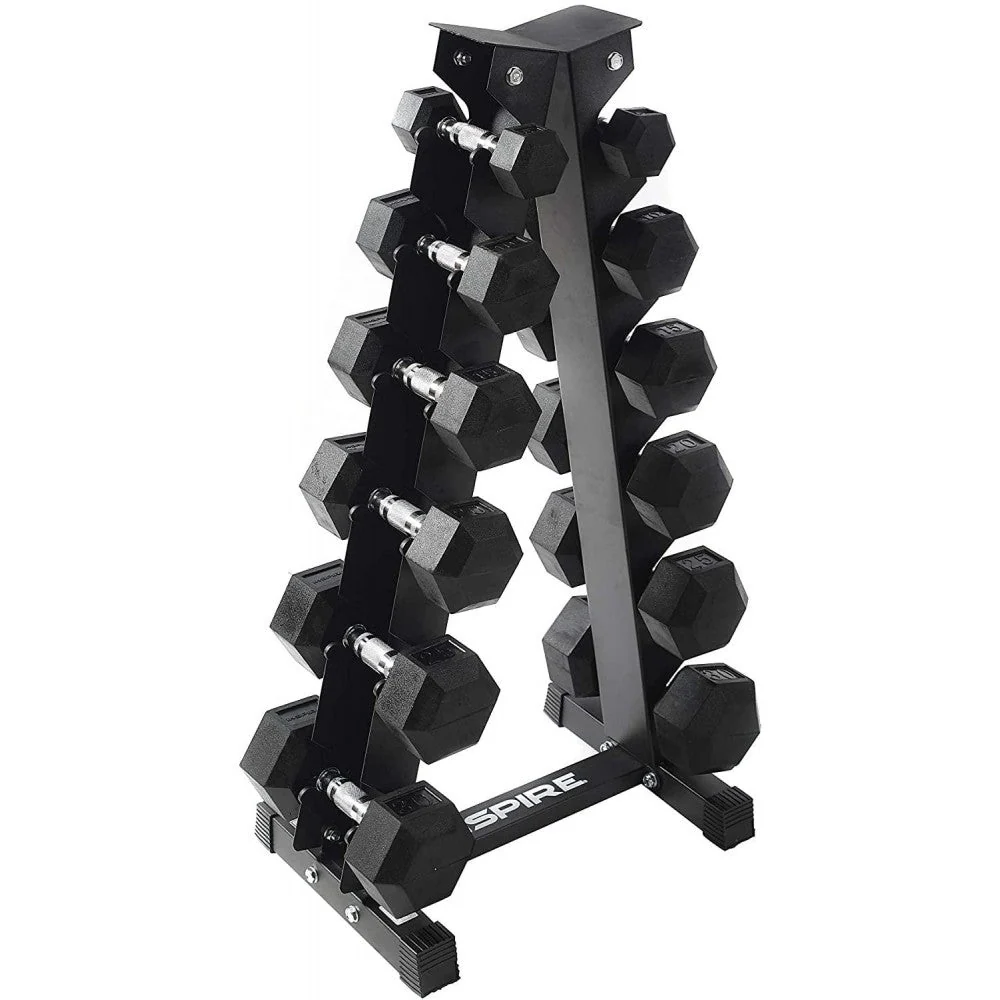Inspire Fitness Rubber Dumbbell Set, 210 lb (5-30 lb), 6 Pair Vertical Rack