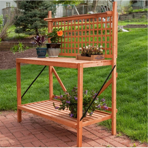 Outdoor Weather-Resistant Fir Wood Potting Bench Garden Table With Lattice Back – 48W x 24D x 60H Inches