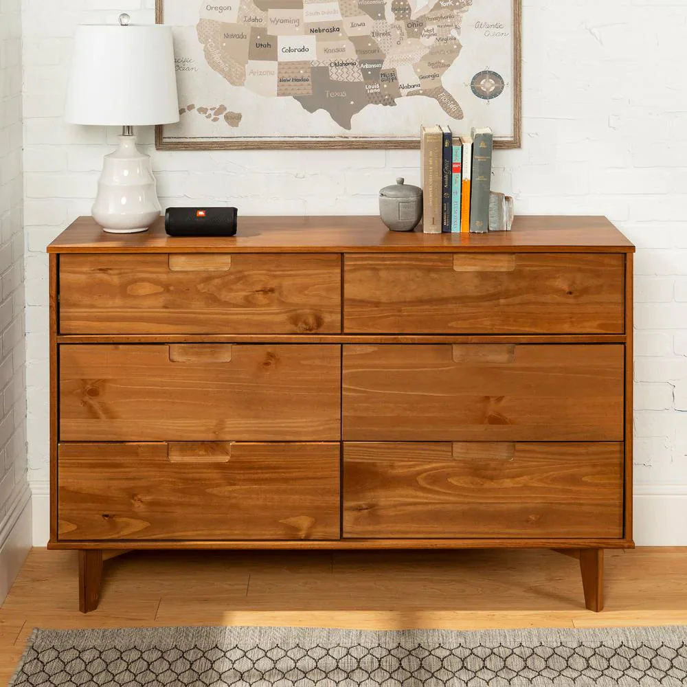 6-Drawer Caramel Mid-Century Modern Solid Pine Wood Dresser