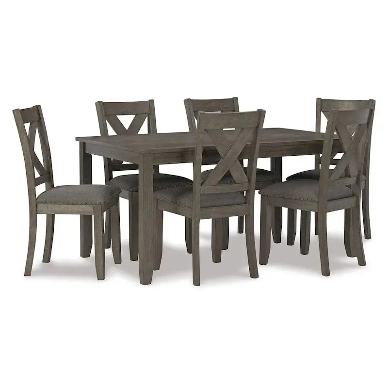 7-Piece Dining Set With Lattice-Back Chairs – Dark Gray Wood Frame & Polyester Upholstery