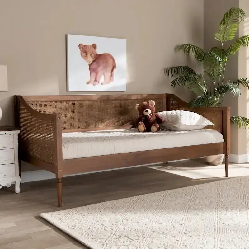 Ogden Twin Daybed With Synthetic Rattan, Walnut Brown