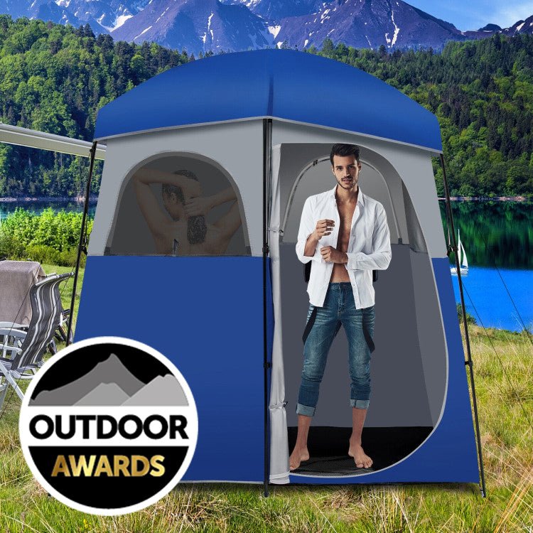 Double-Room Camping Privacy Shower Toilet Tent, Blue, 7ft x 3.5ft x 7ft – With Storage Bag