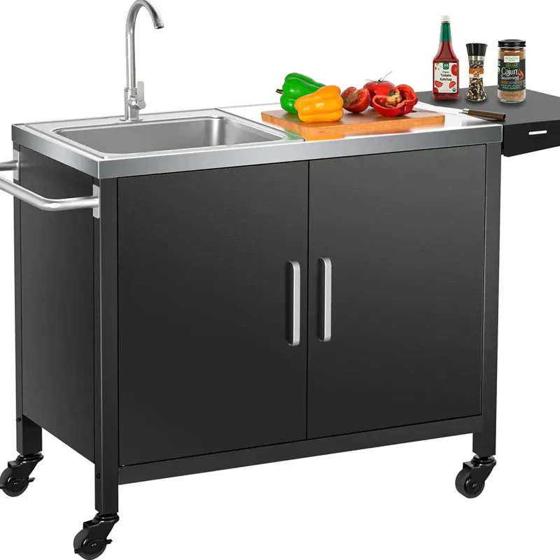 Outdoor Grill Table With Stainless Steel Sink, 16.1 x 14.2 x 5.9 Inch – Metal Grill Cart Kitchen Island