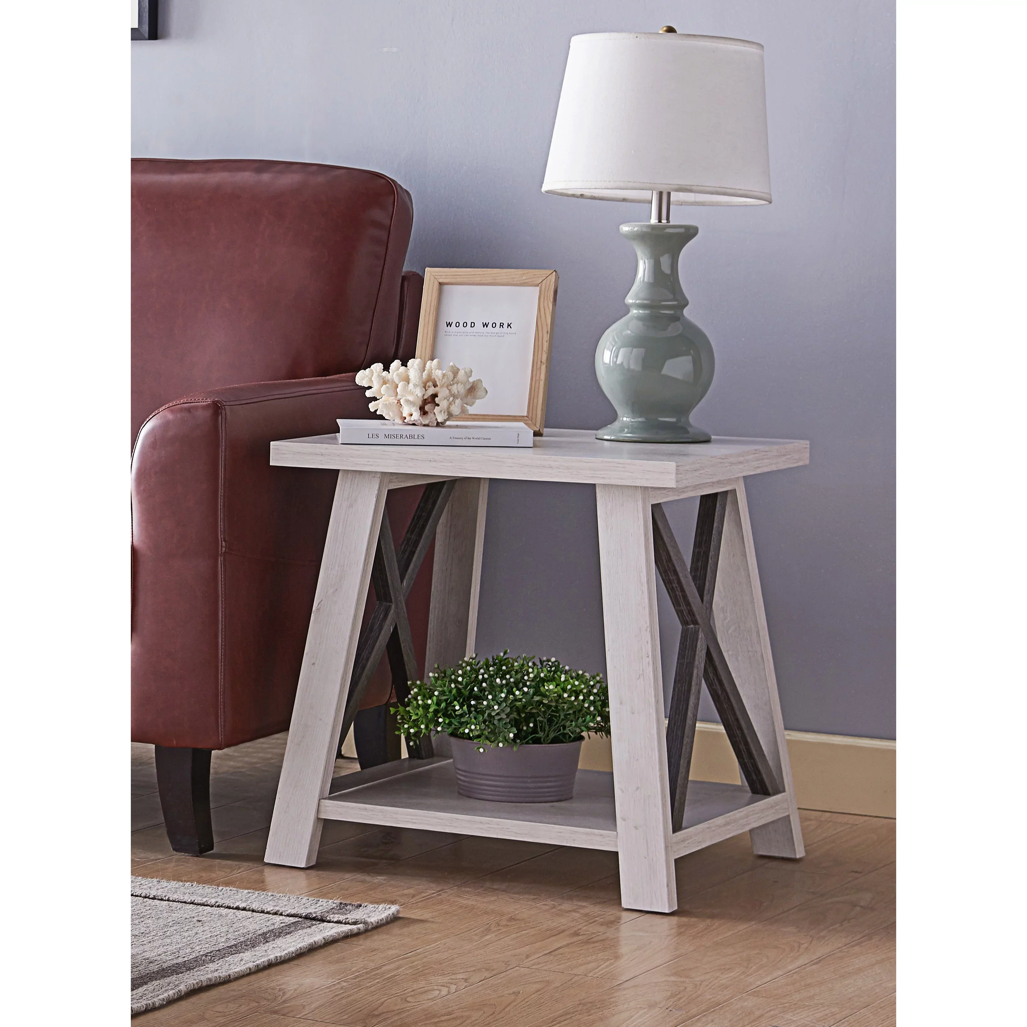 Wood End Table With X Design Legs And Bottom Storage – White/Dust Grey