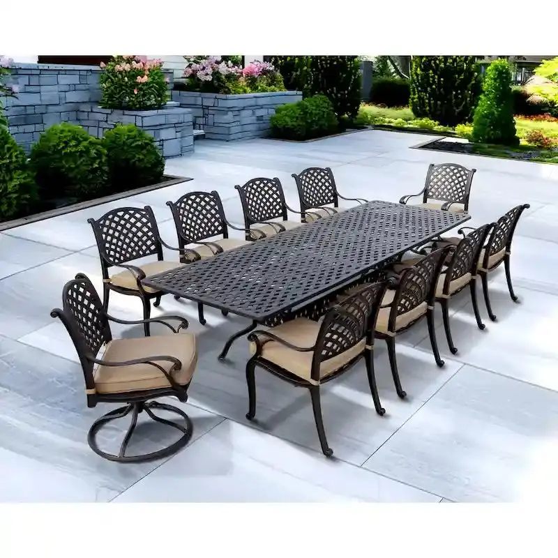 Darlee Nassau 11-Piece Cast Aluminum Outdoor Dining Set With 8 Chairs, 2 Swivel Rocker Chairs And Extendable Table – Antique Bronze