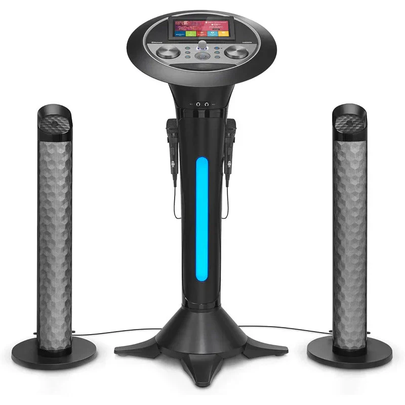 Portable WiFi Karaoke Machine With 7in Touchscreen, Built-In Speaker And 2 Wired Microphones – Black Pedestal