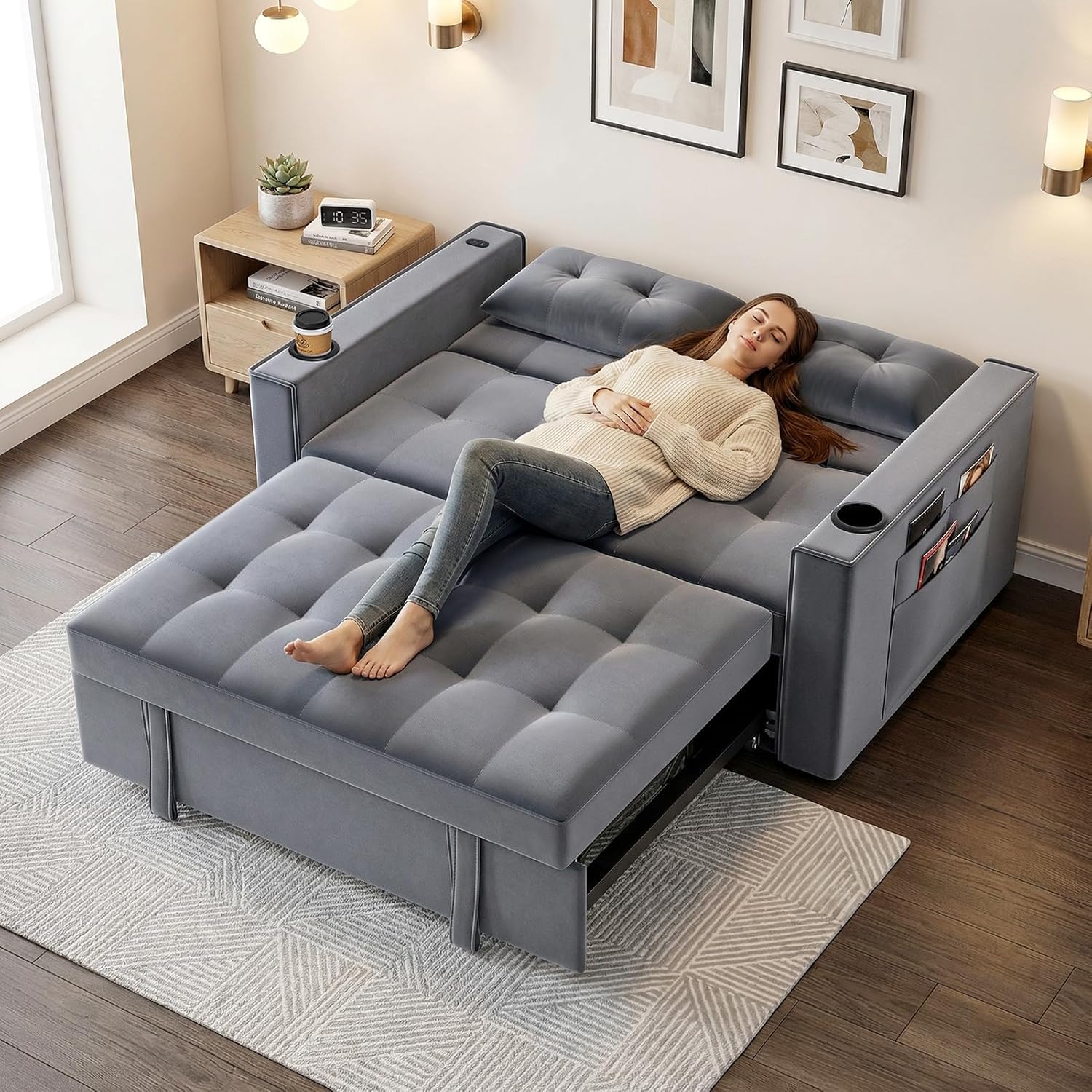 3-in-1 Pull-Out Sofa Bed With Charging Station, Cup Holder And Side Storage – 70in Grey