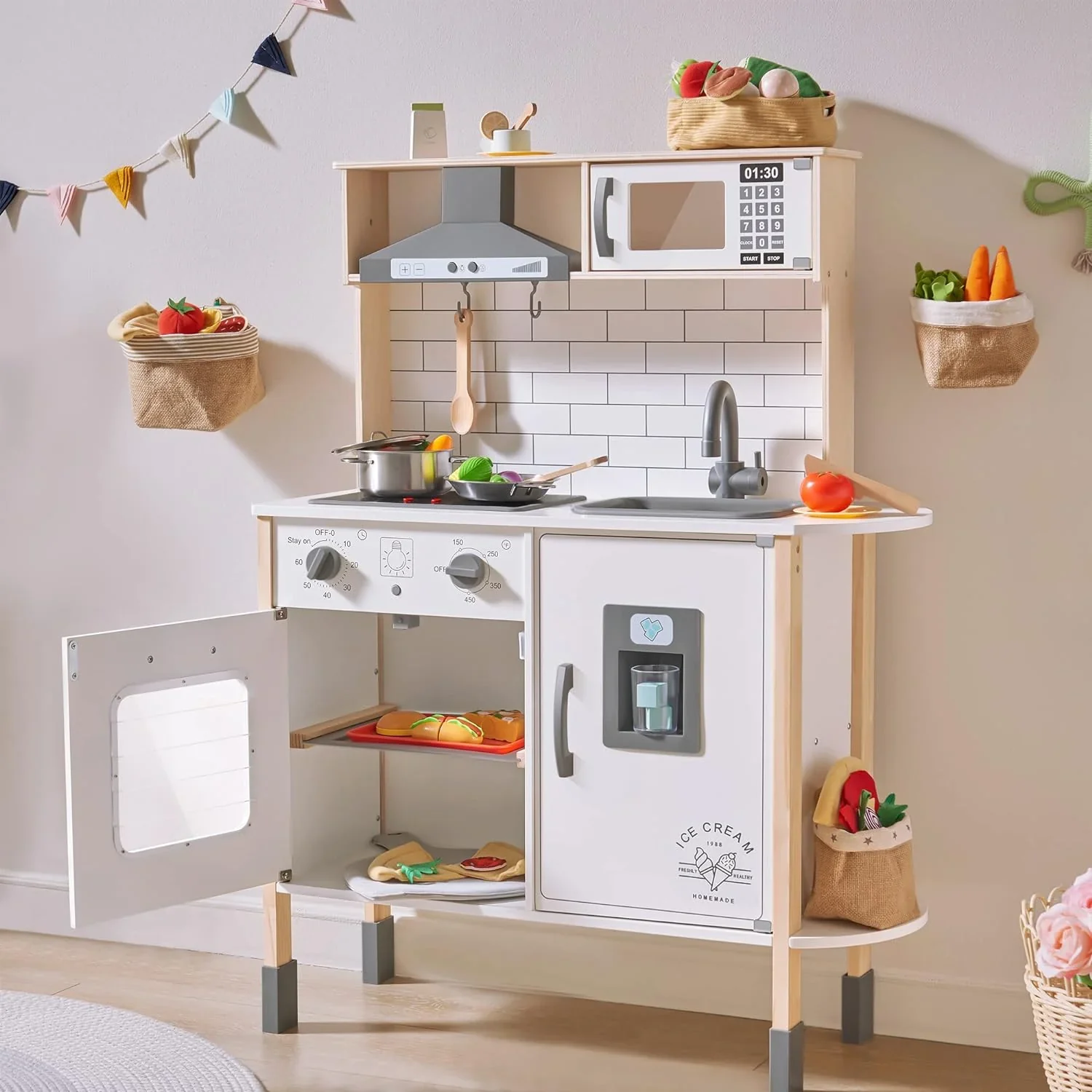 Tiny Land Wooden Children’s Play Kitchen Set, White, 30.3 x 11.8 x 40 Inches