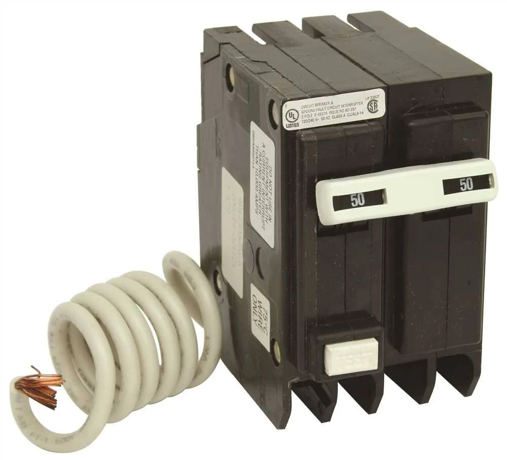 GE Distribution Q-Line Ground Fault Circuit Breaker, 2-Pole, 50 Amps, 120/240 VAC – THQL2150GF1