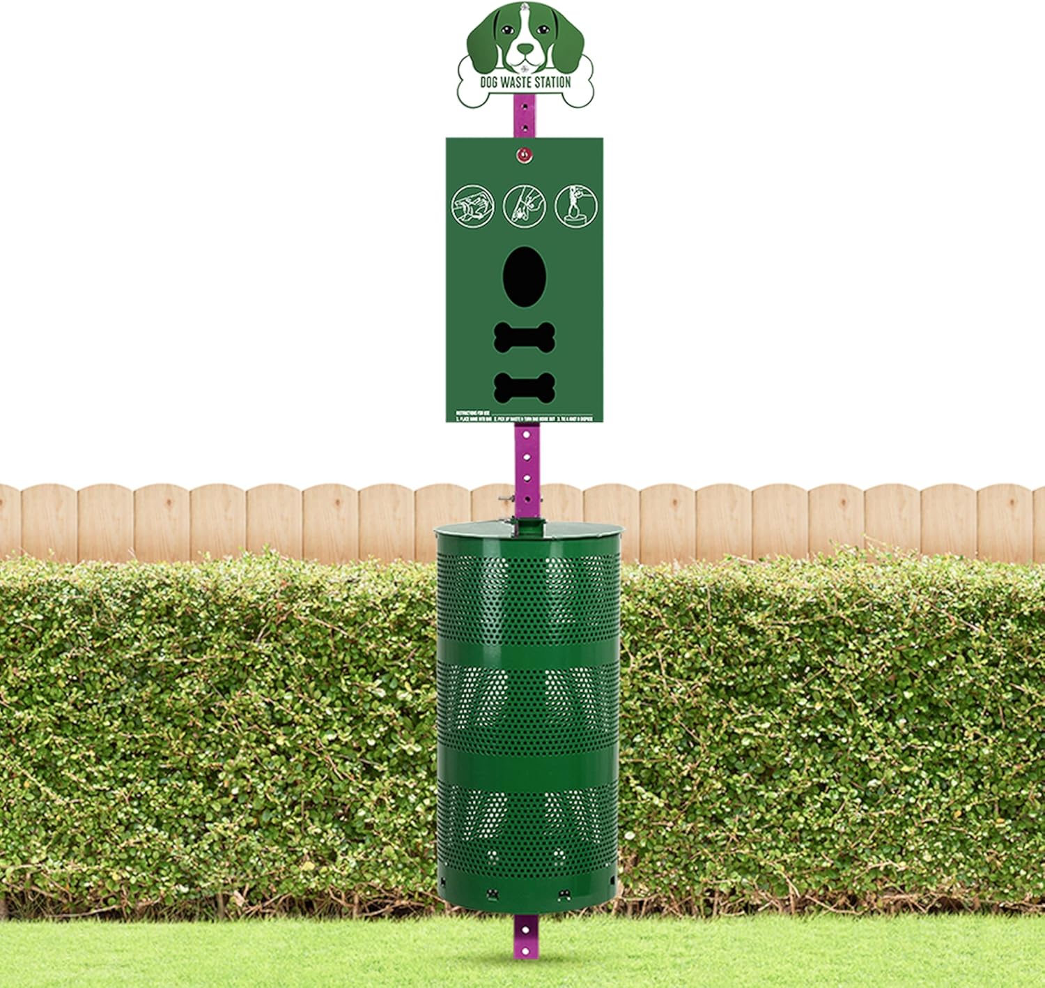 Outdoor Dog Waste Collection Station, 10 Gallon, 400 Rolls, 200 Ziplock Bags, 50 Reusable Bags – Green With Purple Rod