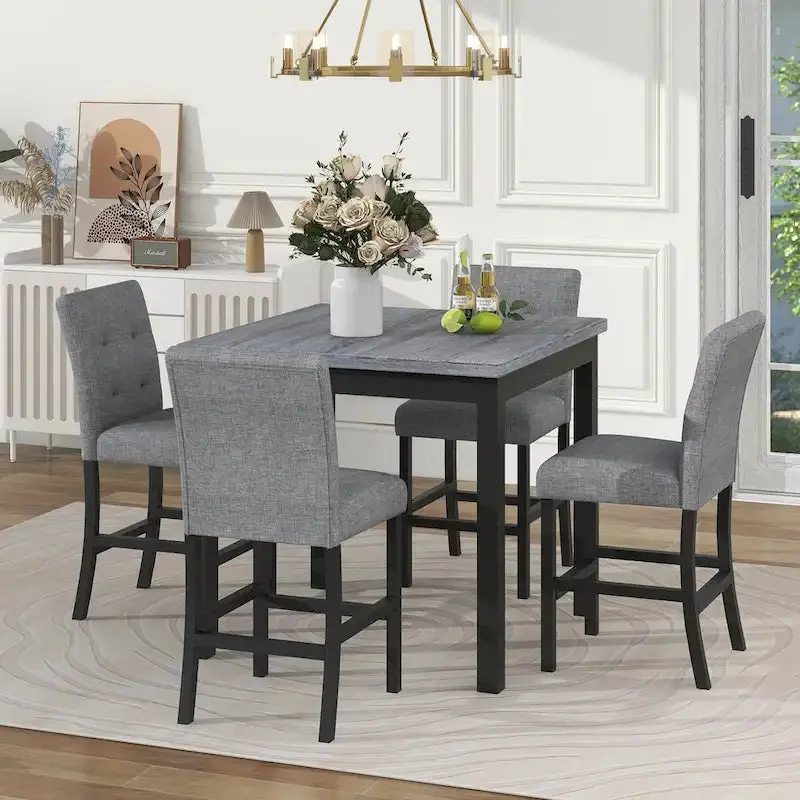5-Piece Counter-Height Dining Set With Solid Wood Table And 4 Padded High-Back Chairs