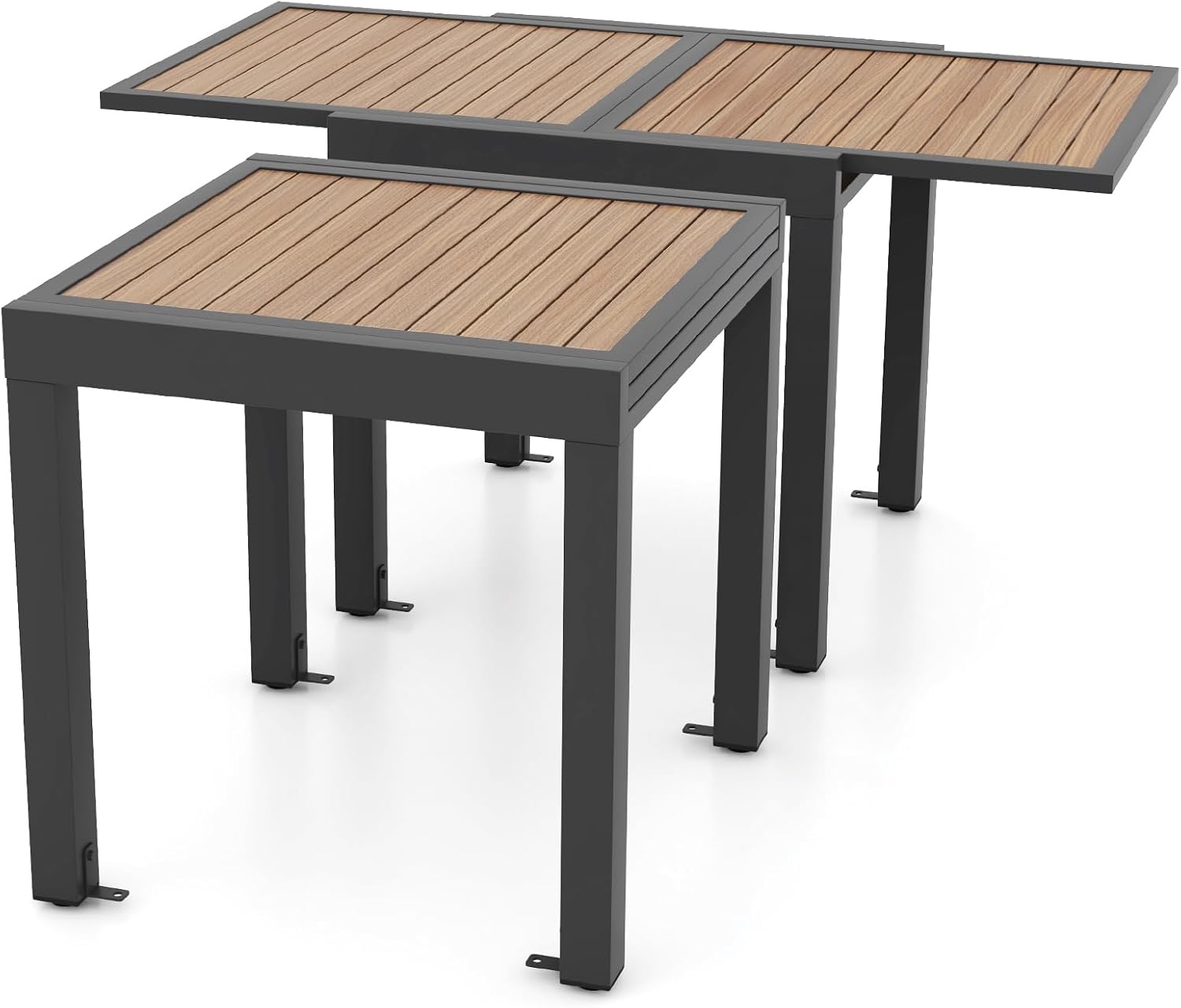 Extendable Outdoor Dining Table, Aluminum Frame, Dark Grey, Slatted Top – 80D x 160W x 75H Centimetres