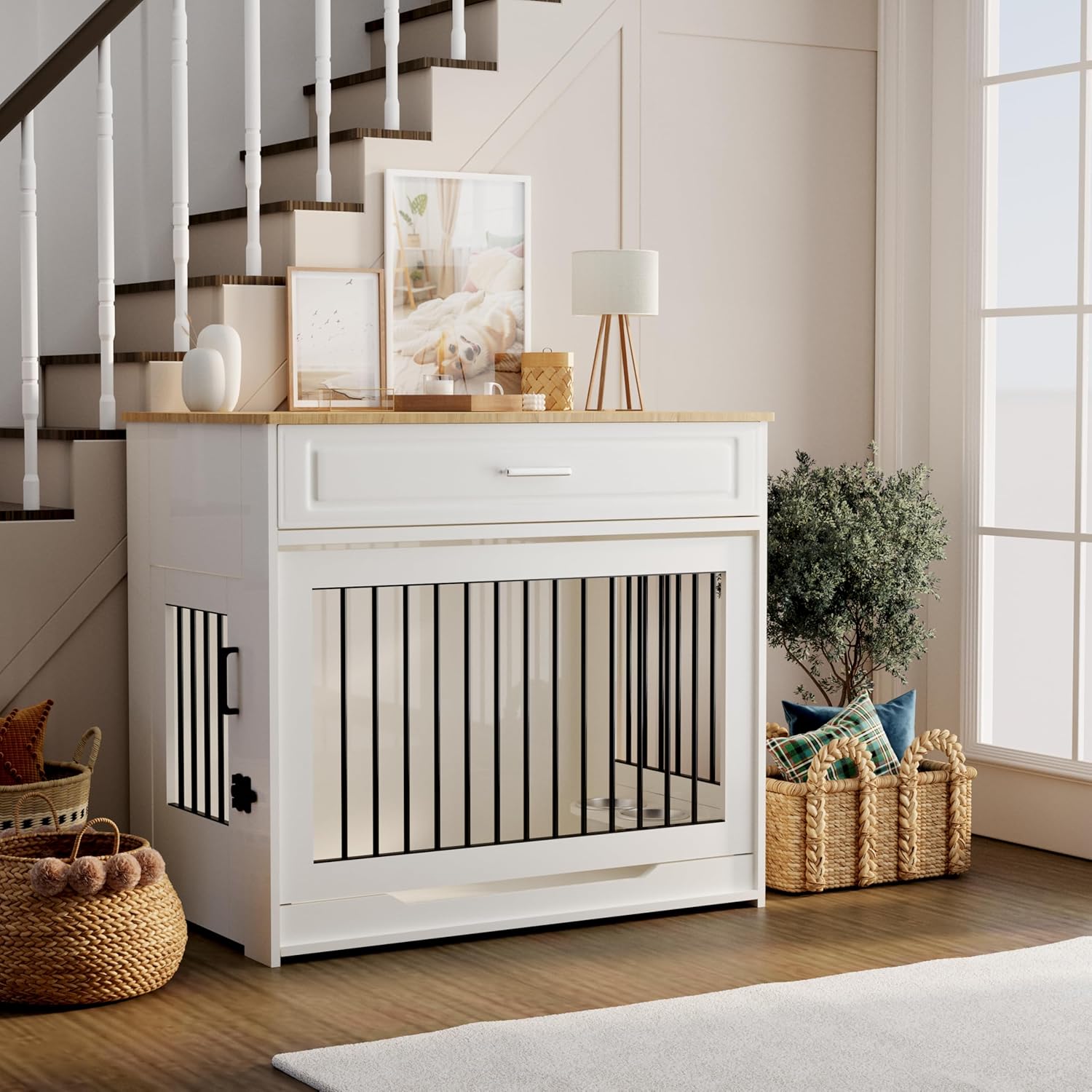 Wooden Dog Crate Furniture With Flip-Up Door, Rotating Bowls And Storage Drawer – 95L x 85W x 60H Centimetres