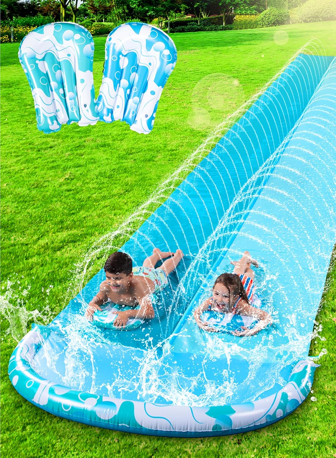 32.5ft x 62in Double Lawn Water Slide With 2 Inflatable Boards – Blue, Orange