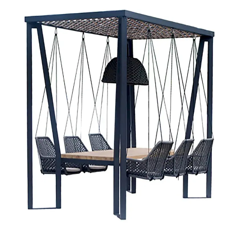 Skyline Design Horizon Pergola System With Integrated Lighting, Hanging Chairs And Teak Dining Table – 123 W x 73 D x 102 H